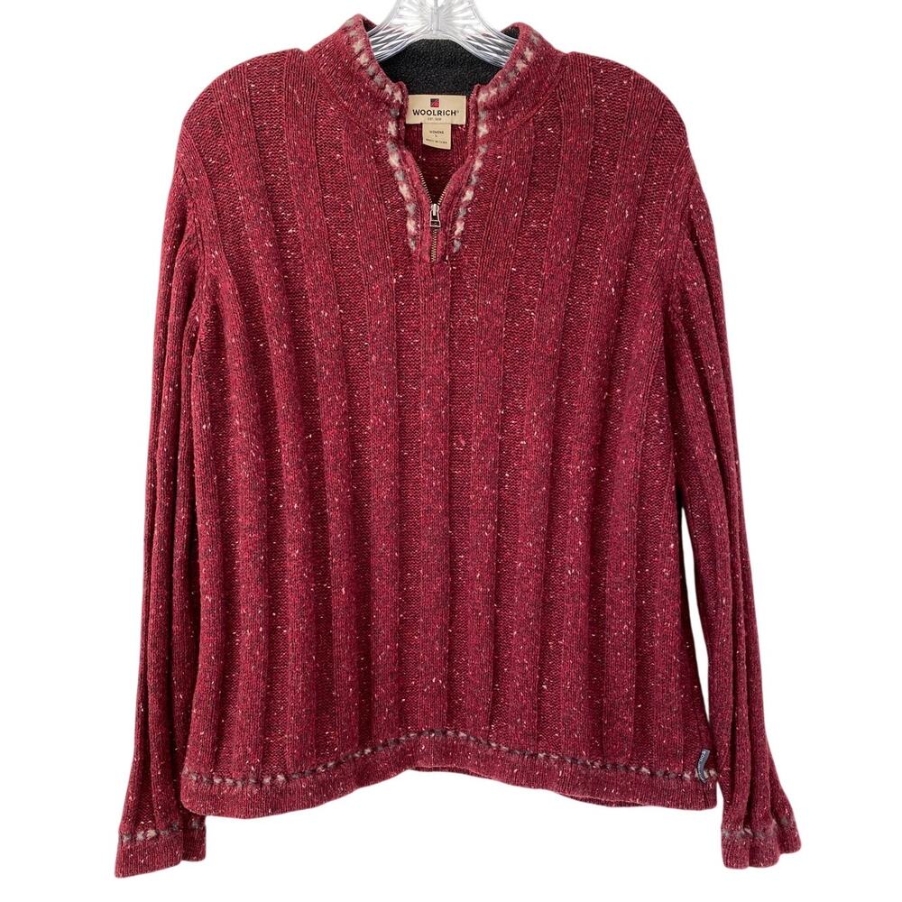 Woolrich Ruby Heather Quarter Zip Cable Knit Sweater Sz L‎ Lambswool Sustainable